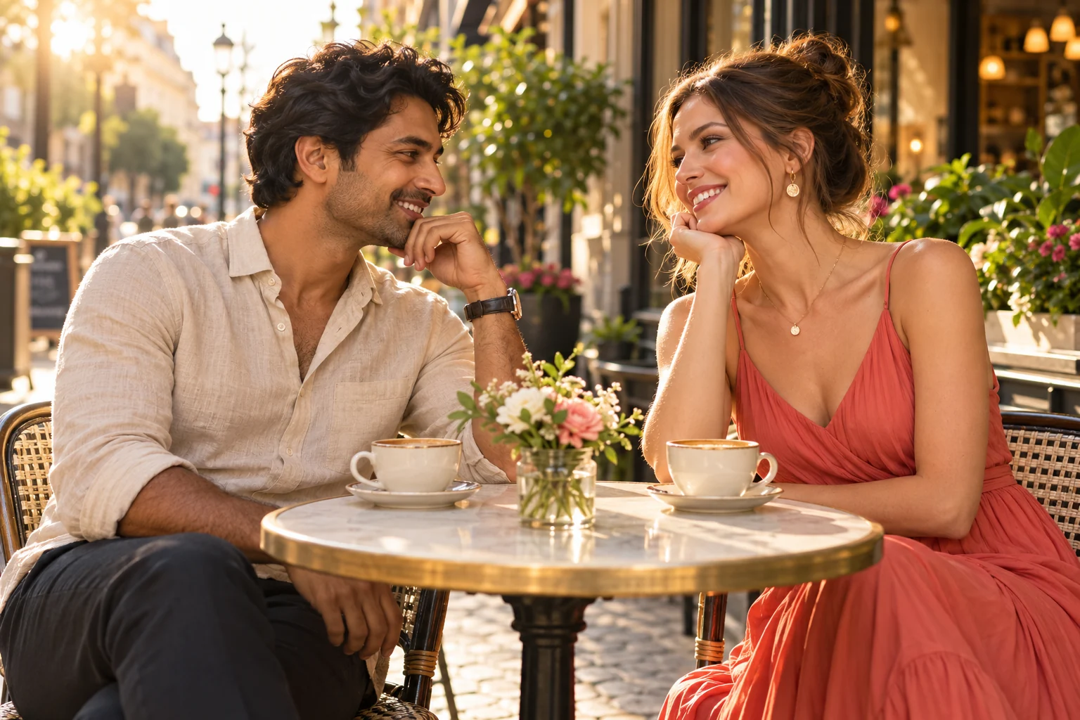 Two adults sharing a relaxed café date in warm afternoon light